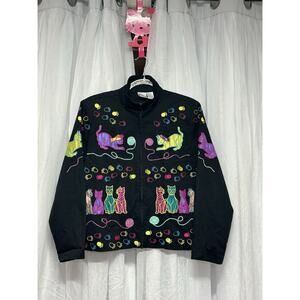 VTG 90s CATS Colorful Novelty Bomber Jacket Sz SM Retro Maximalist Embroidered